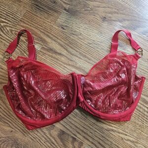 Cacique‎ Red Lace Underwire Bra 38I Sheer Floral Shimmer 38 I Sexy Balconette